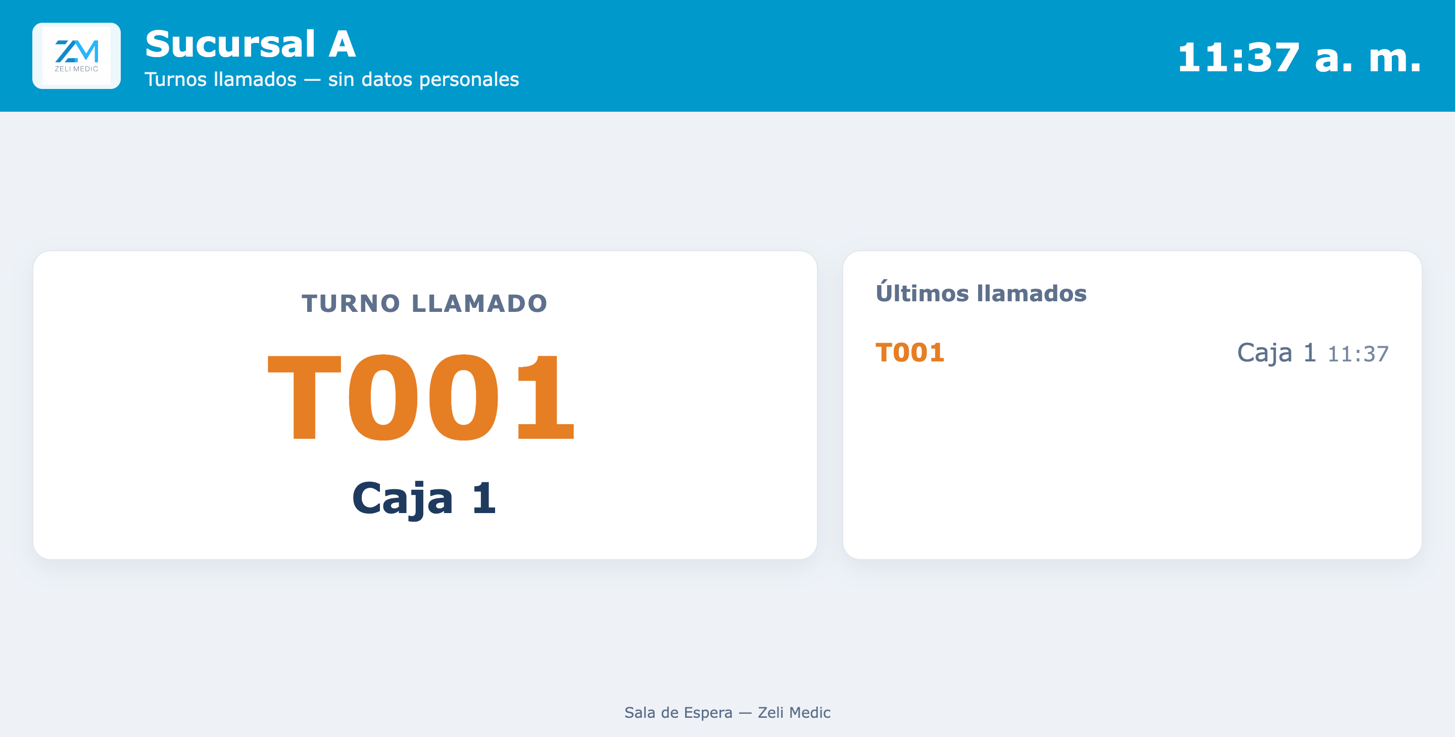 Captura de Zeli Medic: Pantalla de llamados en la sala